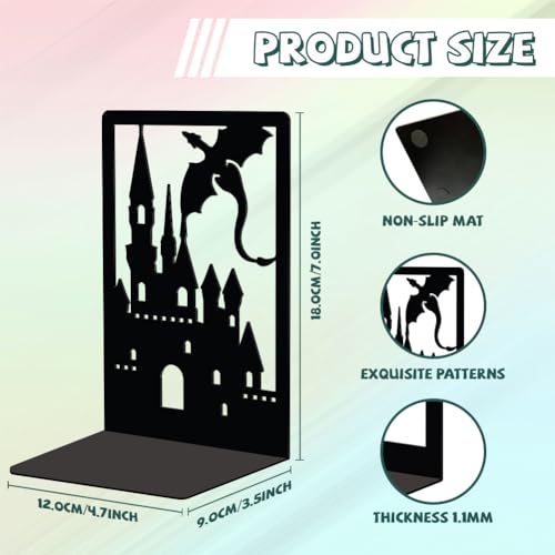 Peacoblue Metal Bookends for Shelves Room Decorative, Creative Heavy Duty Study Bookends Stoppers Holder Stand for Desk Shelf 4.7"x3.5"x7" Book Ends to Support Books, 1 Pair(Dragon Castle) - Image 3