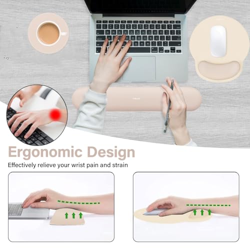 Image of MOSISO Wrist Rest Support for Mouse Pad&Keyboard Set, Circle Curved Ergonomic Mousepad&Coaster Non-Slip Base Home /Office Pain Relief&Easy Typing Pad with Soft Cloth&Silicone Lining, Apricot