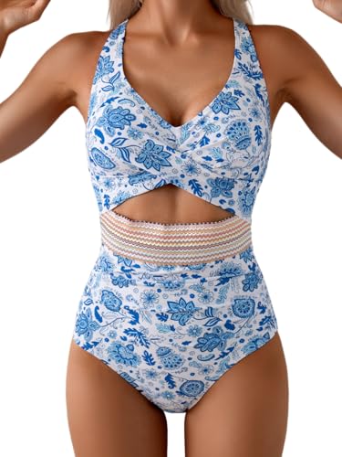 Image of B2prity Women's One Piece Swimsuit Tummy Control High Waisted Bathing Suit | Color Block,Removable Soft Cups,Cutout,V neck,Full Coverage,Adjustable Criss Cross Straps,Tie Back