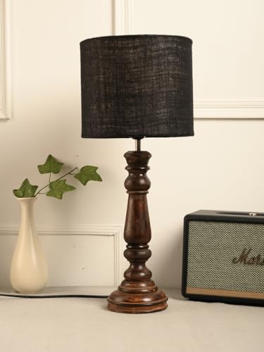 Image of Green Girgit Classic Wooden Lamp in Walnut Brown Color with Jute Black Shade, Vintage Style Table Lamp with Wooden Base, Black Fabric Shade, Traditional Design for Bedroom (LED Bulb Included)
