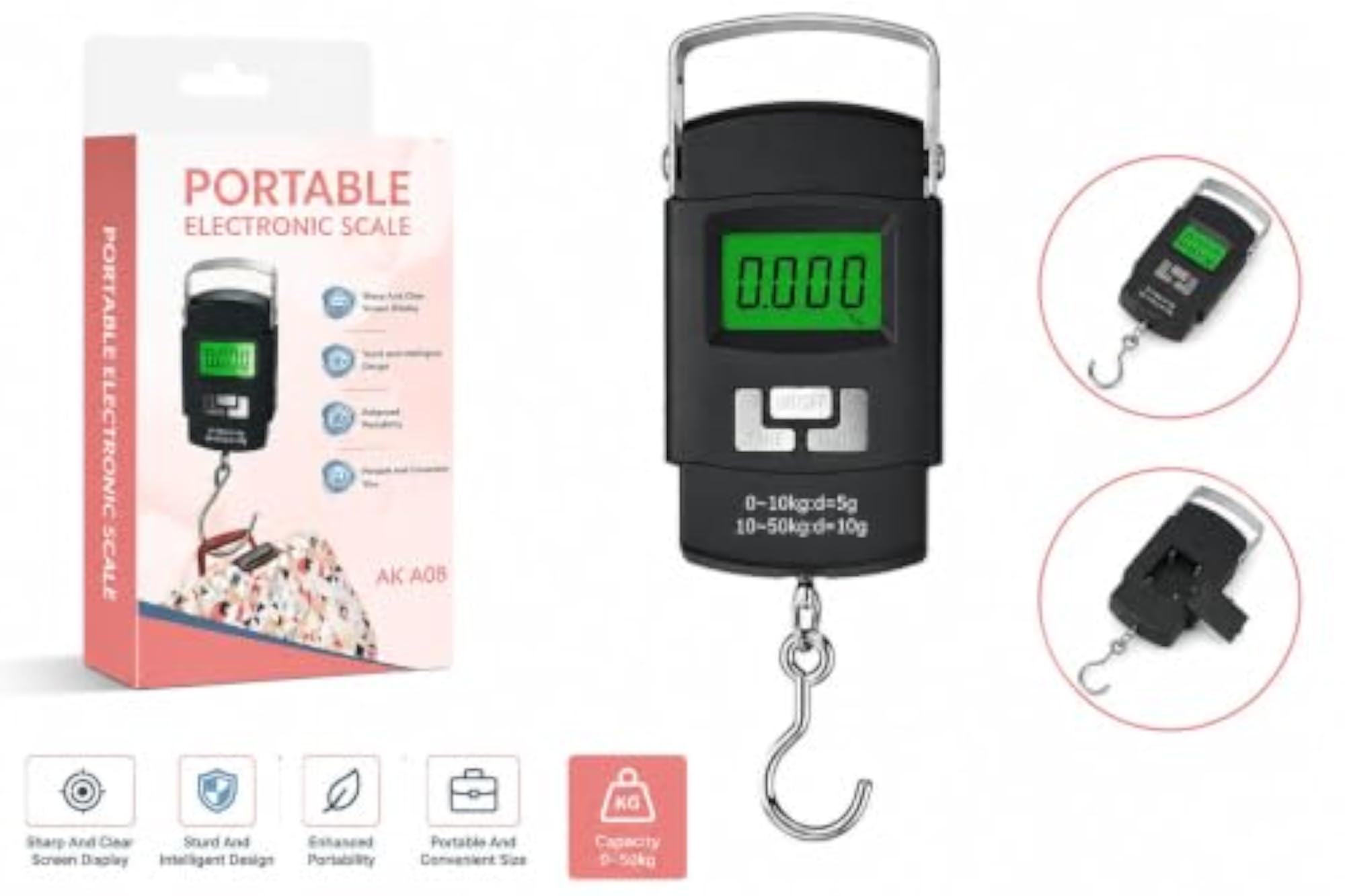 Portable Electronic Hanging Scale AK A08, 40kg Capacity