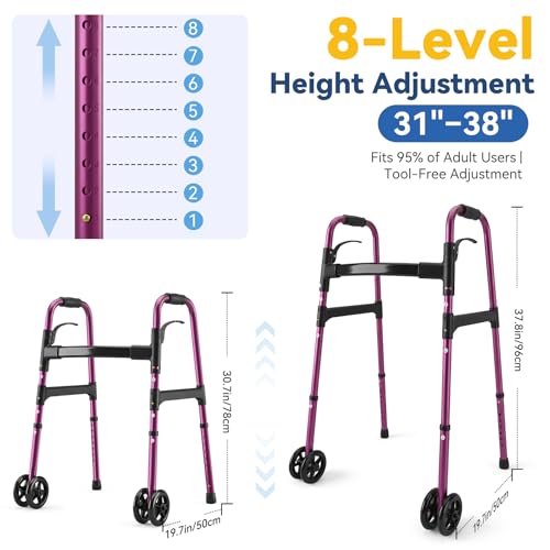 Image of Folding Walker for Seniors - Olycism Rolling Walker Lightweight Aluminum with 8 Height Adjustments One-Hand Folding 400lbs Capacity Standard Walkers for Seniors for Elderly (Purple)