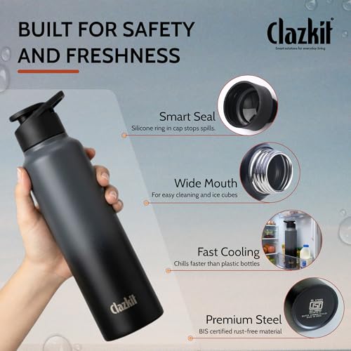 Image of Clazkit Dual Colored Stainless Steel Water Bottle |ISI Certified Leakproof,Durable for School Kids, Fridge, Sports, Gym, Yoga & Office - Easy to Clean & Reusable-1000ml - Set of 3 -Black