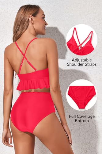 Image of Women Ruffle Bikini Set High Waisted Tummy Control Two Piece Swimsuits | Ruffle,High Waisted,Tummy Control,Removable Bra Pads,Adjustable Shoulder Straps,Full Coverage