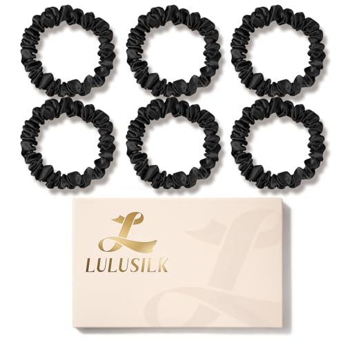 LULUSILK Skinny Silk Scrunchies for Hair Sleep, 100% Real Mulberry Silk, No Damage Thin Hair Ties for Women and Girls, Black, Pack of 6