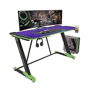 Ergonomic Gaming Desk 55″ Z Shaped Home Office PC Console Computer Desks Gamer Tables with LED Lights Cup Holder Headphone Hook Cable Mange Box for Men Boyfriend Female Gift, Purple&Green