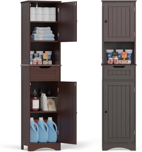 Image of Gizoon 67” H Tall Bathroom Storage Cabinet, Narrow Cabinet, Dark Brown