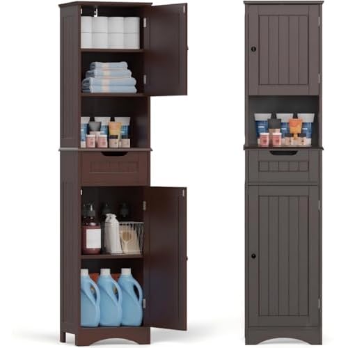 Gizoon 67" H Tall Bathroom Cabinet, Storage Cabinet with 2 Doors & Drawer, Narrow Linen Tower Freestanding Adjustable Shelves for Home, Kitchen, Versatile, Anti-Tipping, Grey
