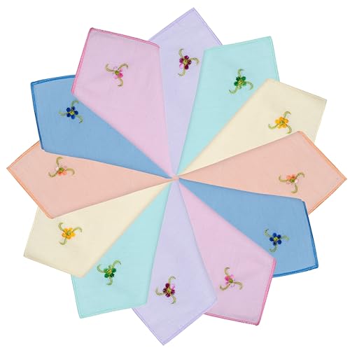 12 Pcs Womens Embroidered Handkerchiefs 100% Cotton Premium Vintage Assorted Soft Ladies Hankies