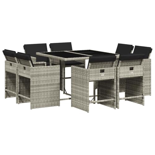 QJBSAVVA Salon de jardin 9 pièces avec coussins en rotin synthétique gris clair avec table en verre et 8 chaises de jardin, forme de cube pour terrasse et...