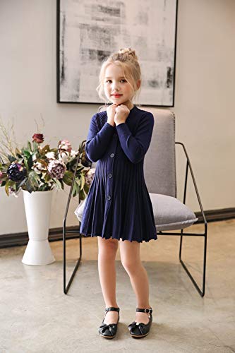 SMILING PINKER Little Girls Pleated Dress School Uniform Long Sleeve Button Front Knit Sweater Dress2