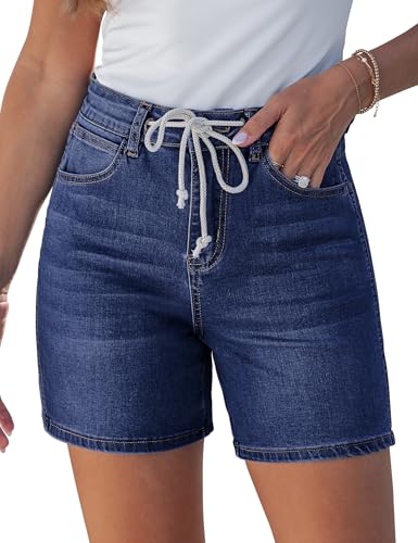 luvamia Stretchy High Waisted Denim Shorts for Women Trendy Drawstring Casual Summer Jean Shorts Womens High Waisted Stretchy Jorts with Pockets Darkness Blue Medium US Size 8-10