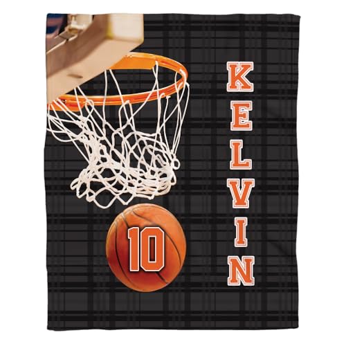 SATIGI Personalized Basketball Hoop Blanket with Name Number, Custom (40x30, 50x40, 60x50, 80x60), Gifts for Players Boys Super Soft Warm Throw Sofa, Bed, Small/Medium/Large/X-Large