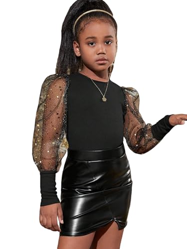 WDIRARA Girl's Round Neck Long Sleeve Contrast Mesh and Contrast Sequin Party Top