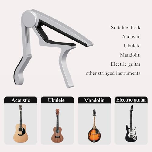 2 Pack Guitar Capo for Acoustic, Classical, Electric Guitars, Ukulele, Mandolin, Banjo, and other string musical instruments, Quick Release, Memory Silicone Pad, Buzzing-Free (Black & Silver) - Thumbnail 2