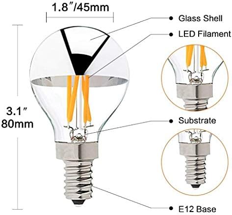 Half Chrome LED Filament Bulb G14 4W LED Light Bulb, Silver Bowl Tipped, E12 Base, Soft Warm White 2700K, 30W Equivalent, 110-120VAC, Dimmable (Pack of 6)