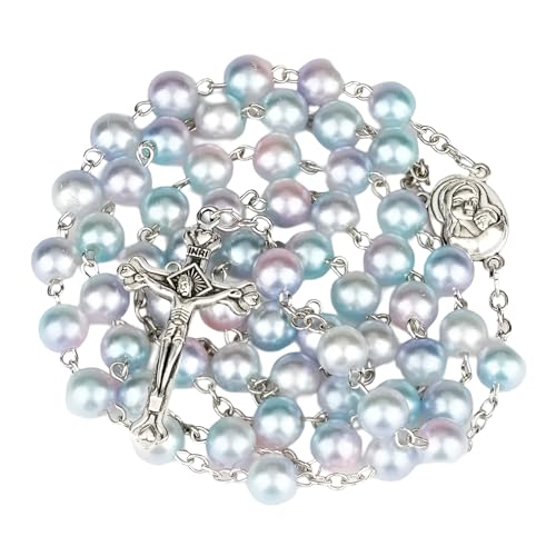 Chapelet de Perles Longues 8mm Collier Croix Argent 925 Marie Jésus Femme