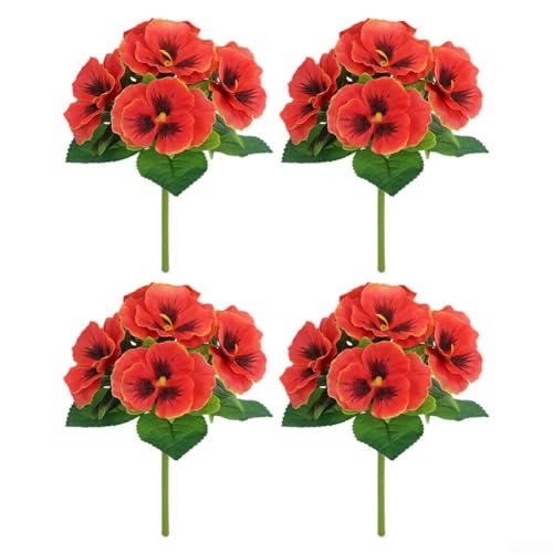 4 flores artificiales de seda realistas, pensamientos falsos vibrantes para jarrones, bodas, hogar, oficina, decoración floral, centros de mesa de larga duración (rojo)