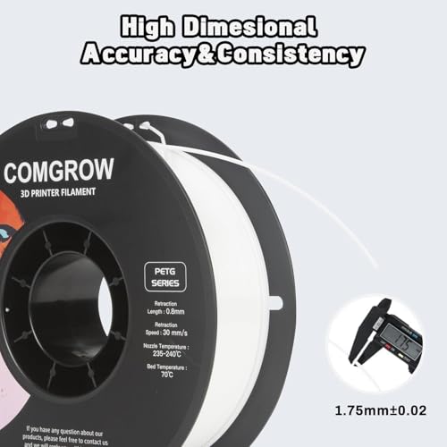 Image of Comgrow PETG 3D Printer Filament 1.75mm, High Precision and Tough 3D Printer Filament 4 * 1kg Spool, Dimensional Accuracy + /- 0.02 mm, Fit Most 3D Printers White