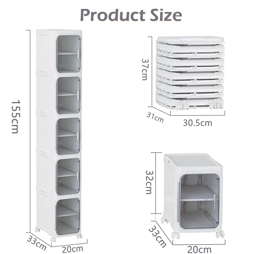 HOMIDEC Bathroom Storage, 5 Tier Tall Bathroom Cabinet with Wheels and Removable Shelf, Slim Bathroom Storage Unit Free Standing for Toilet Roll, Towel, Shower, Clear Smoke - Image 2