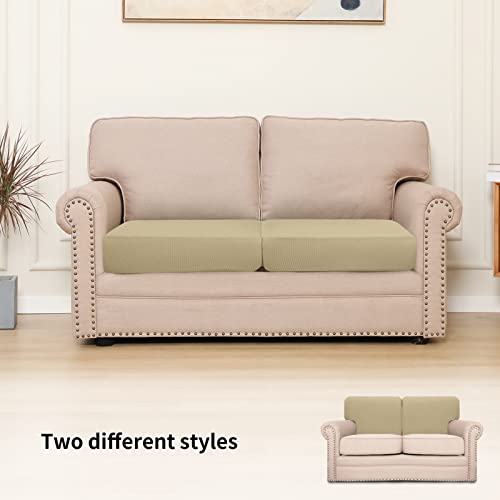 Image of Easy-Going Stretch 2 Pieces Loveseat Couch Cushion Cover for 2 Seat | Individual Furniture Protector Sofa slipcover for 2 Cushion Couch Washable Soft with Elastic Bottom Beige
