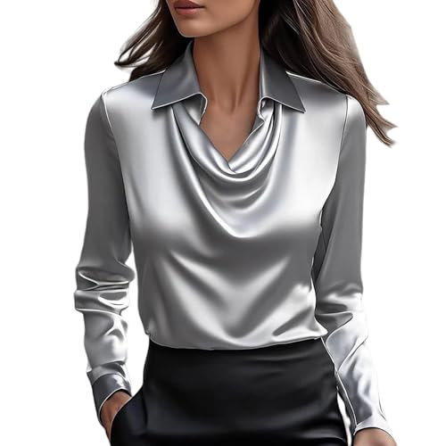 Blusen Damen Satin Elegante Bluse Langarm Festliche Blusen Elegant Seidig Shirt Dame Arbeitshemd Seiden Business Blusenshirt Lässiges Langarmshirt Oversized Musselin Bluse Lässiges Einfarbig Hemdbluse