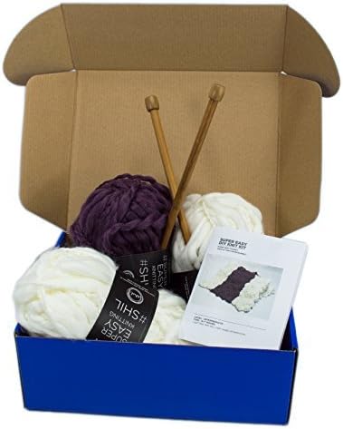 DIY Knitting Blanket Kit Super Soft Thick and Thin Bulky Yarn US 15 Needles (Dark Purple & Off White)