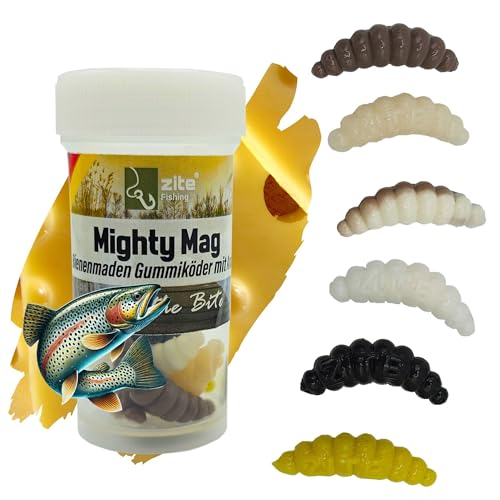 Zite Fishing Mighty Mag Nature Mix 12 STK - Bienenmaden Imitat Forellenköder 2,8cm – Gummiköder Forellen-Angeln - Phthalatfrei - Natur Käse