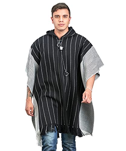 Image of Men's Hooded Poncho in Black and White Wool - Peruvian Alpaca Cloak Cape