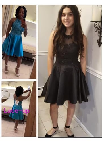 Lace Applique Satin Homecoming Dresses Short Halter Prom Dress with Pockets Backless A-Line Formal Cocktail Gown4