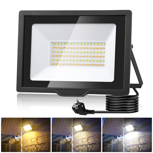 wowspeed Focos LED Exterior 50W, 5000LM Foco Exterior con Enchuf, 3000K/4500K/6500K Regulable Focos LED, IP65 Impermeable Proyector Led Exterior para Jardín, Patio, Garaje, Casa