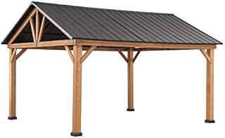 Sunjoy Helena Collection 11 x 13 ft. Outdoor Patio Premium Cedar Frame Wood Gazebo with Matte Black Steel Gable Hardtop Roof