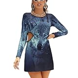 Arctic Snow Wolf Women's Long Sleeve Dress Cut Out Waist Mini Club Dresses 2XL