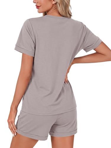 Image of LYANER Pajama Set for Women 2 Piece Lounge Set Striped Crew neck Short Sleeve Tops and Shorts Soft Sleepwear