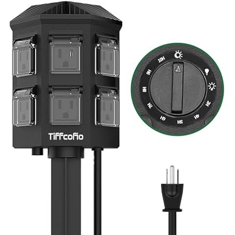 TiFFCOFiO Outdoor Power Strip Timer, Dusk to Dawn Sensor Outdoor Timer for Lights, 6 Feet Extension Cord Waterproof, 6 Grounded Outlets for Halloween and Christmas Decorations, ETL Listed Cover