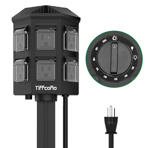 TiFFCOFiO Outdoor Power Strip Timer, Dusk to Dawn Light Sensor Countdown, 6 Feet Extension Cord Waterproof, 6 Grounded Outlets for Halloween and Christmas Decorations, ETL Listed (6 FT) by Tiffcofio - Used condition - US$12.81