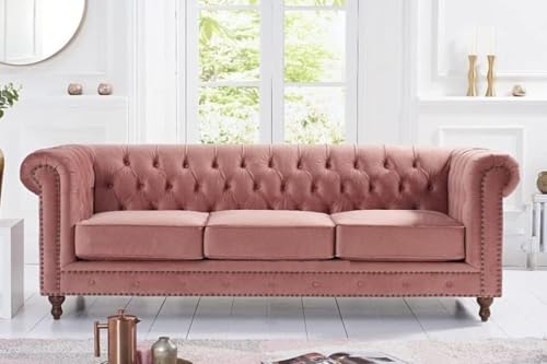 Image of Modern and Stylish 3 Seater Chesterfield Luxury Sofa with Valvet and Fabric Comfortable Sofa for Living Room, Dining Room, Hallway, and Office-(Rose Pink).