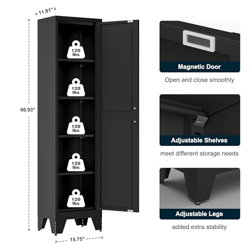Image of LCAOPC 67 inch Tall Narrow Bathroom Metal Storage Cabinet with 4 Adjustable Shelves, Freestanding 5 Tier Slim Pantry Storage Cabinet for Small Space, Black