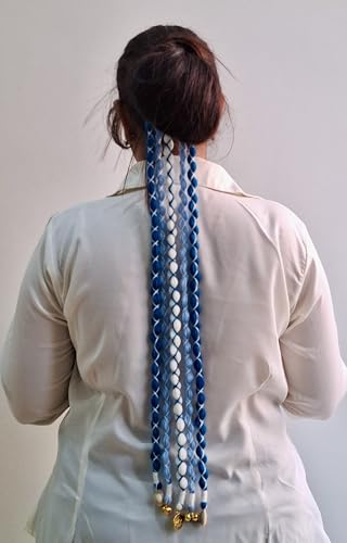 Image of Zippy Flora Boho Handmade Rang Parandi Hair Accessory, Braided Hairband for Women, Traditional Ethnic Look (Blue, Full Length (20-22 inch))