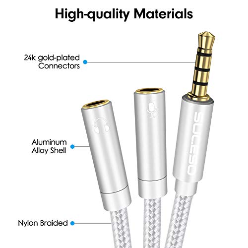 SUCESO Headphone Mic Splitter Adapter 3.5mm Stereo Audio Y Splitter Male to 2 Female Audio Microphone Y Aux Jack Cable Compatible with PS4,PC,Xbox,Laptop,Gaming Headset,Phone,External Mic-35cm(Silver) - Image 2