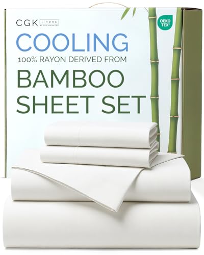 100% Rayon Derived From Bamboo - Bamboo Sheets Queen Size - Cooling Sheets for Queen - Ultra Soft, Breathable & Hotel Luxury Bedding - 1 Flat & 1 Fitted & 2 Pillowcases w/ 18 Inch Deep Pockets - White