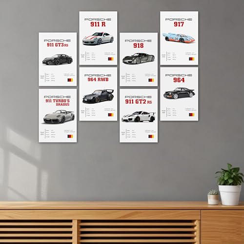 Image of Wall Porsche Pack of 8 Posters 8x12 inch (A4 Size) Included Self Adhesive on Back Wall Decor Posters Wall Art For Bedroom, Living room, Office, Dining Room