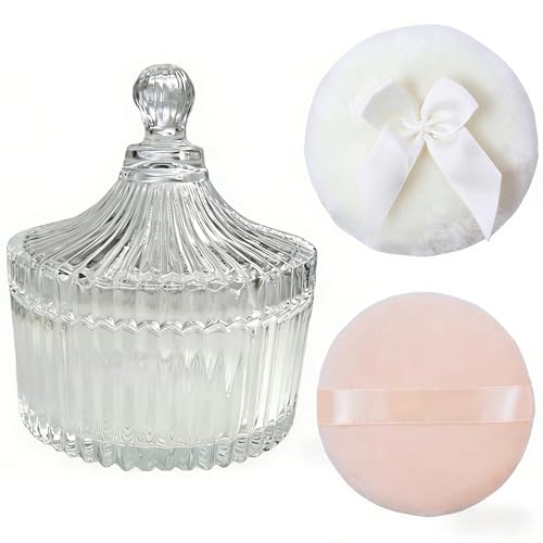 ZHIYE 2 Pcs Body Powder Puffs with Glass Dusting Powder Container - Washable Reusable Puffs for Body Talcum & Bath Powder Empty Storage Box for Women & Baby Skincare