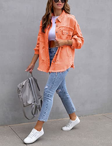 Puwei Ripped Fringe Jean Jacket Women Distressed Washed Button Down Frayed Denim Shacket With Pocket(2536-Orange-S) #TOP3