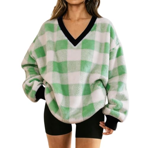 Green Sweatshirt for Women Flannel Plaid V Neck Oversized Pullover Tops - image 1