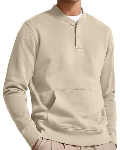 Men's Casual Long Sleeve Sweatshirt Loose Fit Solid Quarter Button Pullover Tops with Pockets