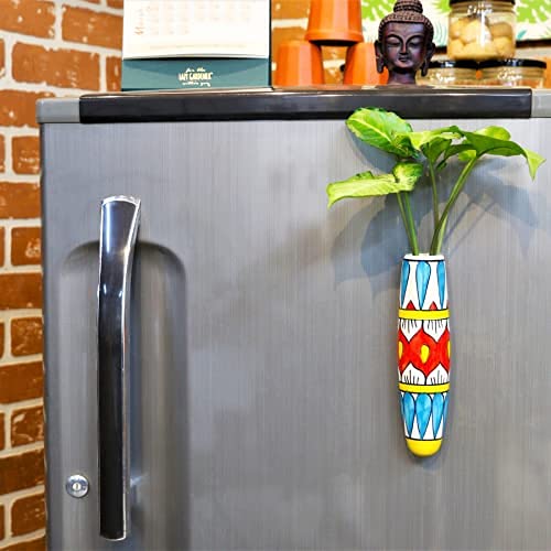 Lazy Gardener Mandala Ceramic Magnetic Planter for Fridge | Hydroponic Plant Holder for Metal Surfaces | Fridge Magnet Pot/Planters/Vases for Plants | Magnetic Ceramic Pot for Home Decor (Red & Blue)