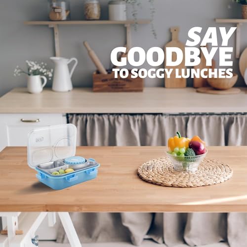 Image of Lunch Box 3 Compartment Stainless Steel Tiffin Box Within Liquid Store Box| Lunch Box for Kids, Leak-Proof BPA-Free Tiffin Box for School & Office Use 750ml (Blue)