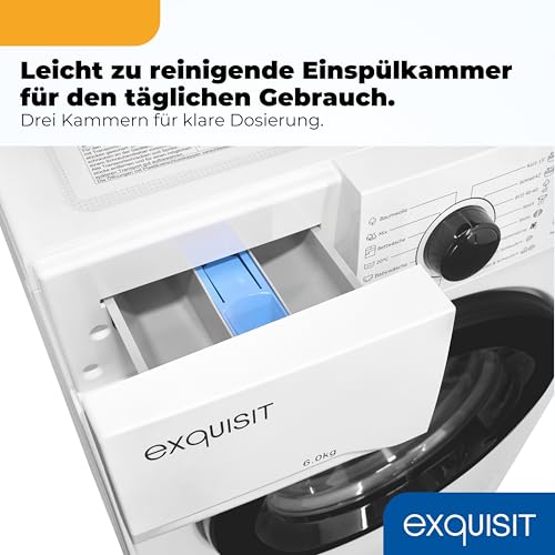 Exquisit Waschmaschine | 6 kg Nennkapazität, 1000 U/Min, Energieklasse A, 76 dB(A), 85 x 60 x 44 cm | 16 Programme, Eco 40-60, Kurzprogramm, manuelle Temperaturwahl, Aquastop | WA56110-020A weiss
