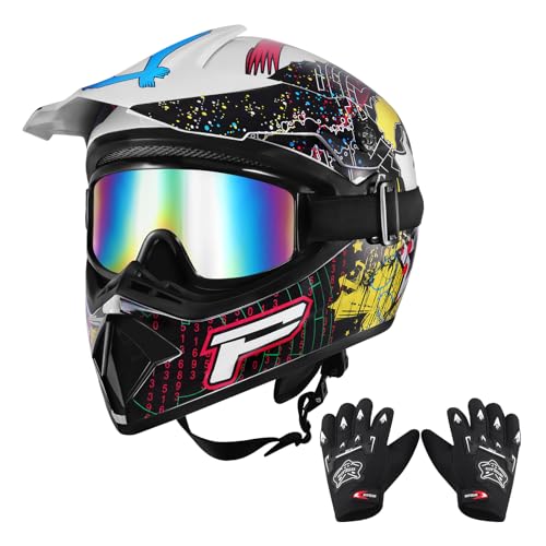 Motocross Helmet Dirt Bike Helmets Off-Road Full Face Helmet with Gloves Goggles for Unisex Adult Youth DOT/FMVSS 218 Approved Medium